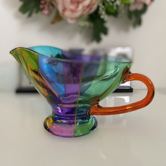 VTG Multi Color Hand Painted Color Block Festival Glass Cream Pitcher Gravy Boat - Picture 7 of 16